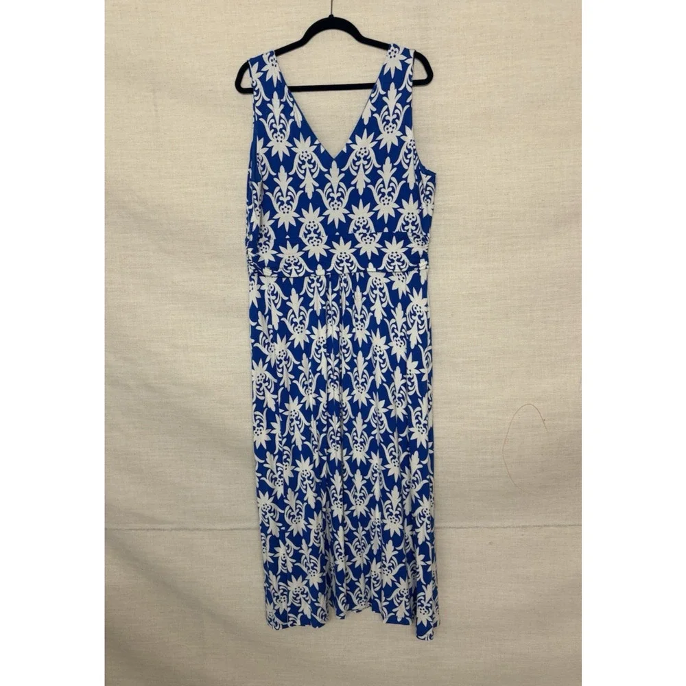 Boden Dress 16 18 Blue Floral Maxi Long Aline Vneck Sleeveless Stretch Jersey